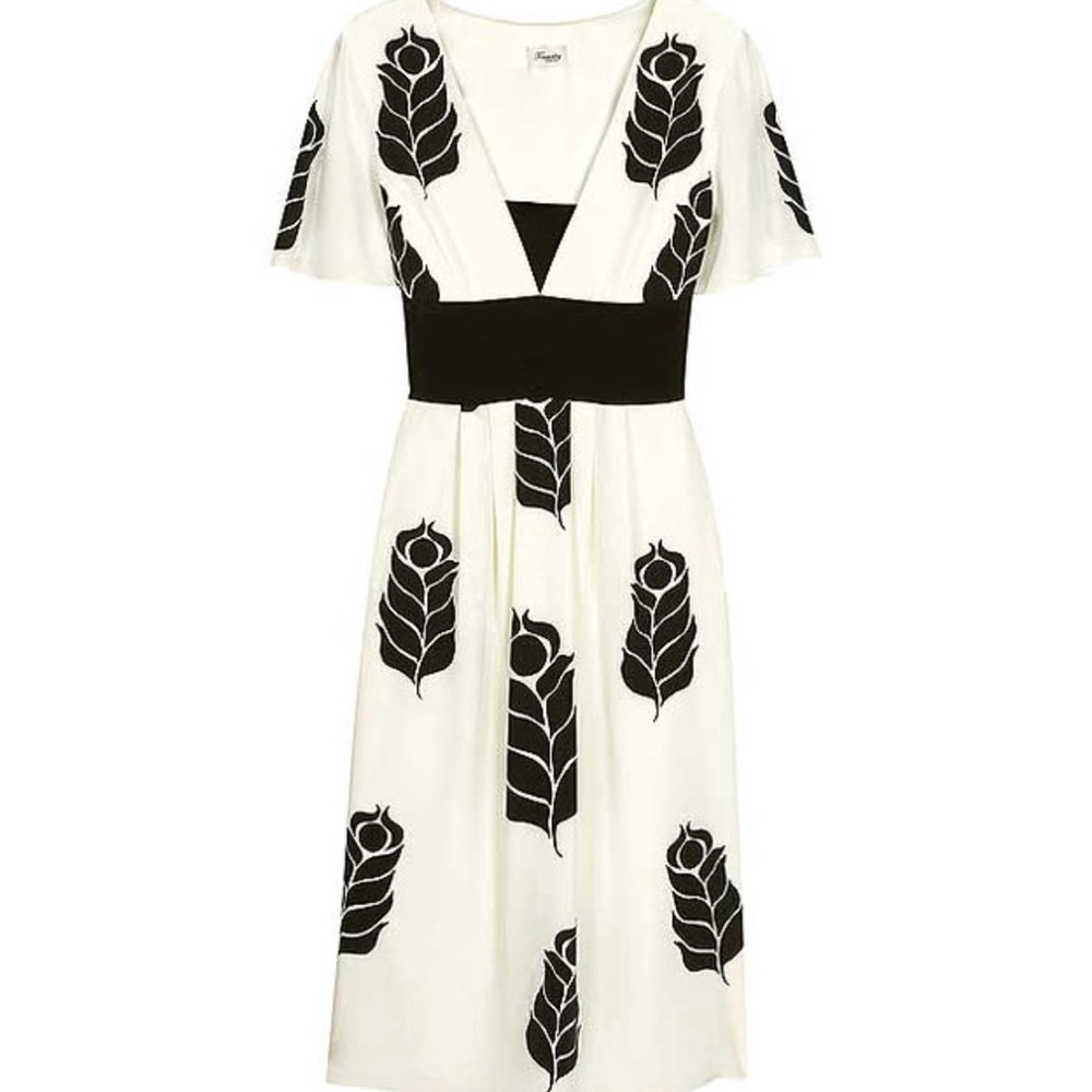 Temperley London 100% Silk Flutter Sleeve Ivory Printed Leaf Tea Dress, US 2